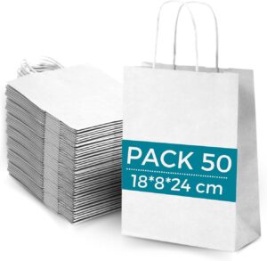 50 Sacs Papier Kraft Blanc 18x8x23cm - Idéal Shopping et Cadeaux