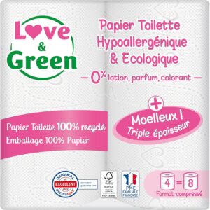 Papier Toilette Écologique 3 Plis Hypoallergénique - 4 rouleaux