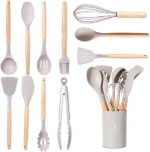 Set Ustensiles Cuisine Silicone & Bois - Résistants à Chaleur