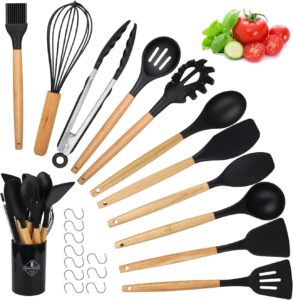 Set de 22 Ustensiles de Cuisine en Silicone et Bois - Noir