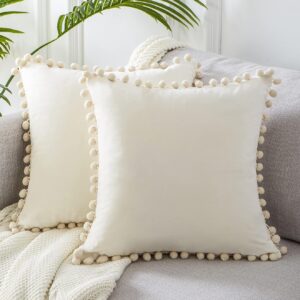 Housse de Coussin 40x40 Pompons Velours Doux - Lot de 2 Crème Écru Moderne Bohème