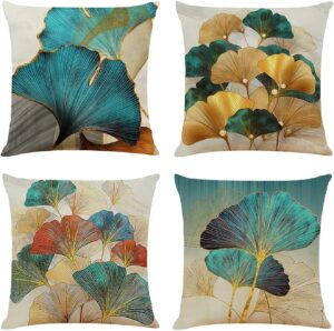 Housse de Coussin NIULAA 40x40 Turquoise et Or - Lot de 4 Décorations Ginkgo