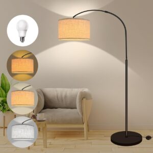 Lampe Arc Lampadaire LED Dimmable 12W – Abat-jour Lin, 3 Températures – Idéale Salon