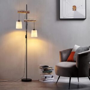 Osasy Lampadaire en Bois et Métal Noir – Lampe de Salon avec Interrupteur E27