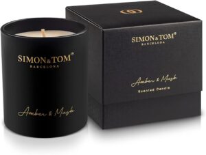 Simon&Tom Bougie Parfumée Ambre & Musc – Cire de Soja Bio – 100h de Combustion