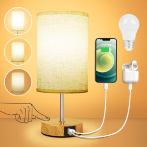 Suright Lampe de Chevet Tactile USB-A/C, Intensité Variable, Élégante en Lin et Bois